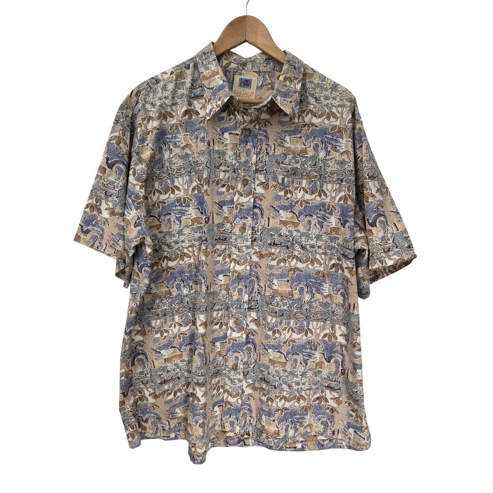 VTG Kahala Button Down Shirt Abstract Print Mens XXL Tan Blue Handcrafted Hawaii